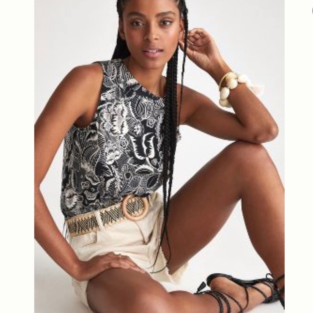 Anthropologie Asymmetrical cutout tank with black & white floral motif print